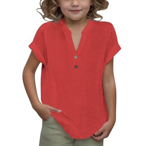 Cotton Linen Shirts for Girls Fashion V Neck Button Henley Blouse Kids 2025 Summer Lightweight Beach Holiday Tops