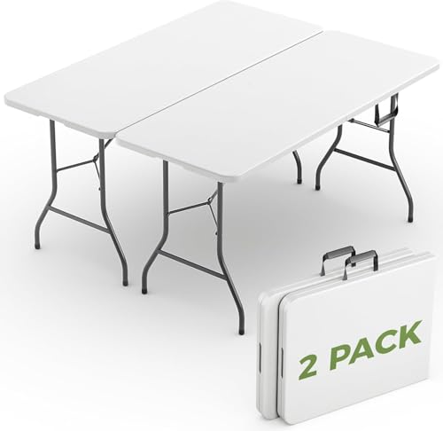 MAKE CHANGES Folding Table 2 Pack 8 FT Foldable Plastic Table with Carrying Handle Heavy Duty Portable Fold-in-Half Utility Table for Party Camping Banquet Craft Wedding Indoor & Outdoor Use