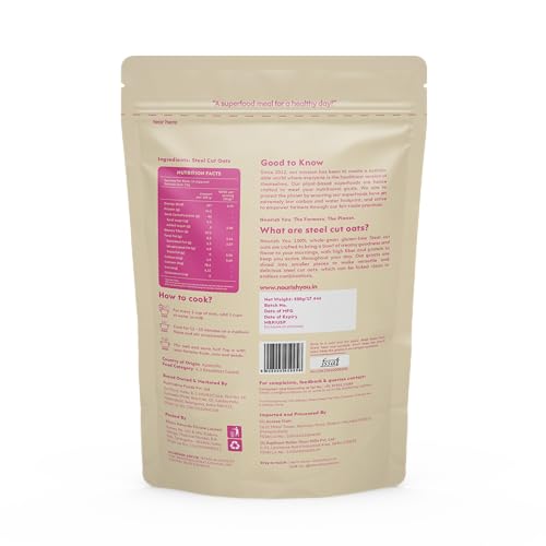 Image of Nourish You Premium Steel Cut Oats - 1Kg | 14.2g Protein per 100g | 10.2g dietary Fibre per 100g | Gluten Free Oats | High in Iron & Fibre | Healthy Protein Breakfast Cereal & Oatmeal | Diet food for Weight Management | Value pack |