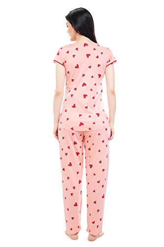 Image of ZEYO Women's Cotton Heart Printed Maternity & Feeding Relaxed Night Suit Set of Top & Pyjama Nursing Night Dress 5329 (Available in Plus Size)