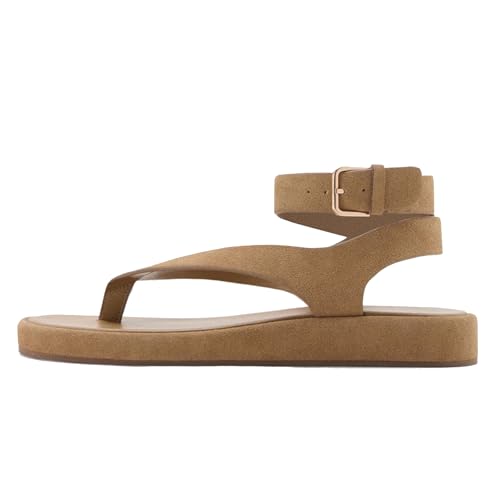 Women's Ankle Strap Thong Sandals Soft Suede Flat Sandals with Buckle Comfortable Summer Flip Flops Shoes for Casual Daily Wear4