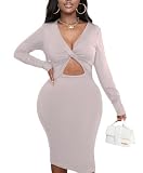 HipGlamp Women's Cut Out Twist Knot Front Ruched Bodycon Long Sleeve Midi Dress Party Club Dresses Beige Small
