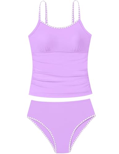 Image of Girls Swimsuit Solid Color Tankini Contrast Trim Swimwear 2 Piece Bathing Suit Padded Swimsuits for Teens 9-16Y