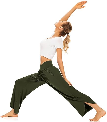 Image of TARSE Women's Wide Leg Yoga Pants Cross High Waist Flowy Split with Pockets | Comfy Lightweight Stretch, Flare Hem Cropped, Loose Dance Pants, Travel & Lounge, Everyday Casual Wear