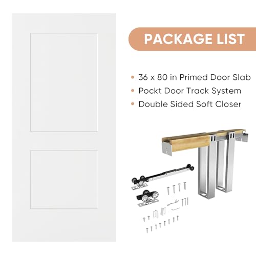 Image of BARNSMITH 36in x 80in Sliding Pocket Door, Track Hardware and Frame Kits with 2-Panel White Paintable Door Slab Included, Soft Close Mechanism, Durable and Smooth