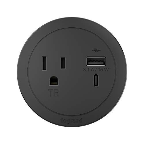 Legrand Wiremold RFPCRUAUC-BK10 Round Furniture Power Center with USB, 1 Outlet, Type A/C USB, 10 Foot Cord, Black