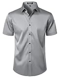 JEMITOP Men's Short Sleeve Dress Shirts Casual Business Formal Slim Fit Stretch Wrinkle Free Button Down Shirt Grey XL