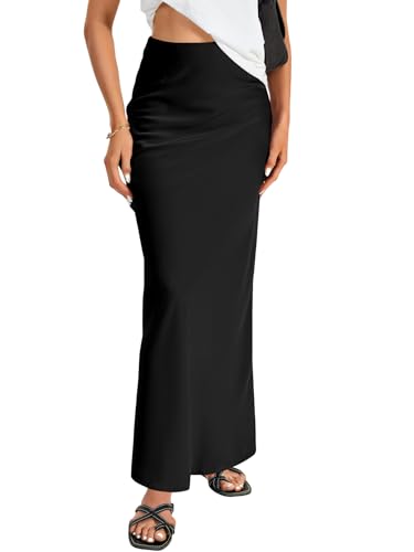 Vrtige Women's Elegant Satin Silky High Waist Zipper Flowy A Line Maxi Long Skirt
