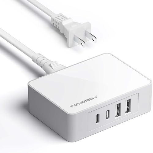 Fenergy 65W USB C Charger Block, GaN Fast Charging Station Hub, 4-Ports USB C and USB A Multiport Wall Charger Adapter Plug Cube with 6ft AC Cable for iPhone 15 14 Pro Max/iPad/Galaxy/Tablet and More