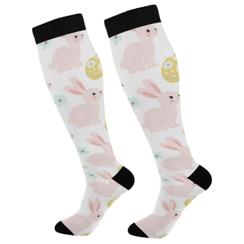 Dussdil Beige Bunny Eggs Flowers Compression Socks for Women Men Rabbit Circulation Long Knee Socks for Sport Running Cycling Stockings