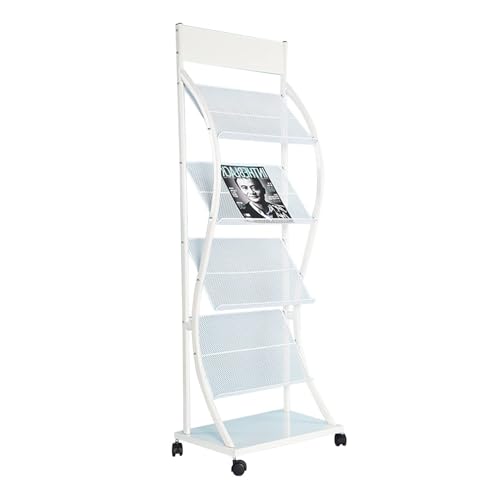 NIELONGHCY 4-Tier Metal Magazine Rack with Wheels, Document Organizer for Schools, Libraries, Offices, & Product Launches – White(White)