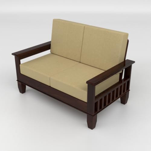 Image of Solid Sheesham Wood 4 Seater Sofa Set for Living Room | Premium Wooden Sofa with Cushioned Fabric Seats | Side Magazine Rack | Modern Furniture for Home & Office