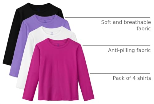 Image of 4 Pack Girls Long Sleeve Shirts Cotton T-Shirts Tagless Kids Tees Clothes | Basic Girls Shirts Toddler & Youth, Cozy & Soft, Reinforced Rib-knit Neck & Cuffs & Hem, Perfect for Layering or Daily Wear