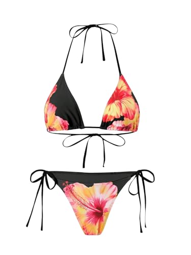 Image of ZAFUL Women's 3 Piece Swimsuit Floral Halter Triangle String Bikini Tie Side Bottom with Boho Cover Up Skirt