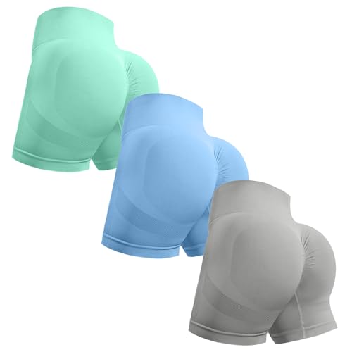 OVESPORT 3 Piece Workout Shorts for Women Seamless Scrunch Butt Lifting High Waisted Yoga Gym Booty Running Short Pants Small Light Green/Baby Blue/Light Grey