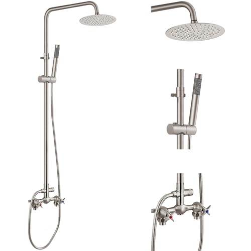 Aolemi Outdoor Shower Kit Outdoor Shower Fixtures Faucet System 2 Handle with 8 Inch Rainfall Shower Head and Handheld Sprayer Exposed Shower with Adjustable Height Shower Pipe Brushed Nickel