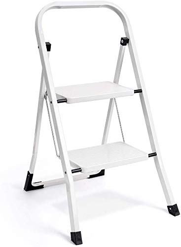 ACSTEP Step Ladder Folding Step Stool Ladder with Handgrip Anti-Slip Sturdy and Wide Pedal Multi-Use for Household and Office Portable Step Stool Steel 500lbs White (2 Step)