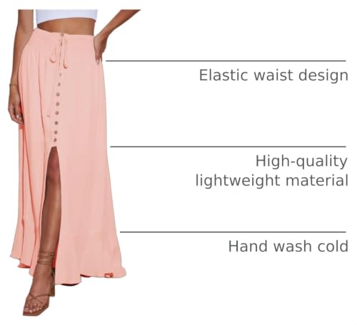 Image of Minclouse Women's Elastic Tie Waist Button Down Maxi Skirts Casual Loose Flowy Swing Slit Front Dress