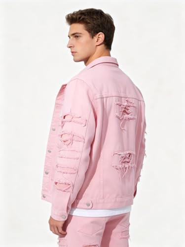 Image of Men's Denim Jacket Patchwork Fringe Jacket Slim Jean Jacket Streetwear Coat