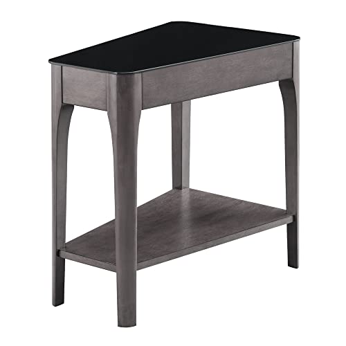Image of Leick Home Obsidian End Table, Solid Wood, Narrow Wedge Shape, Glass Tabletop, Bottom Display Shelf, Easy Assemlby, Smoke Gray /Black, 24.0 in. L x 17.0 in. W x 24.0 in. H, 11102-GR