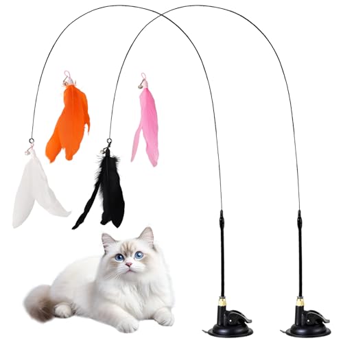 Giocattoli per Gatti, Confezione da 2 Canne da Pesca per Gatti Con Ventose, 4 Piume e Campanellini, Giocattoli Interattivi Naturali per Gattis, Canne da Pesca per Gattini Che Si Muovono e Giocano