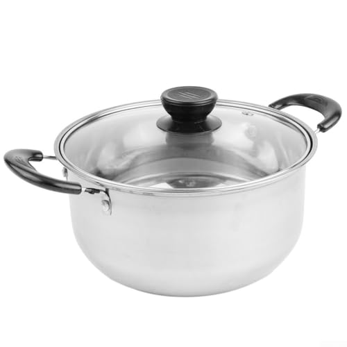Olla ergonómica de acero inoxidable con tapa de vidrio transparente para sopas, guisos y más (dos asas)