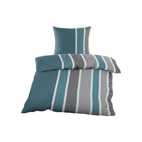 Julido Micro Fleece Bettwäsche Set 135x200cm 2 teilig mit Reißverschluss Kuschlige Winterbettwäsche Streifen Petro Grau Weiß