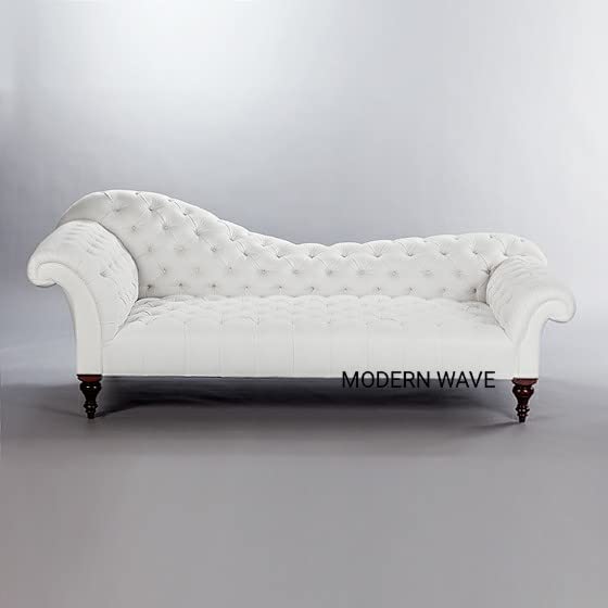 MODERN WAVE Smith02 Tufted White Leatherette Chaise Lounge Sofa Bench 3 Seater Diwan Couch Sectional Lounger Entryway Living Room Office Bedroom.