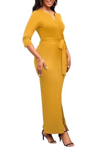 Image of Nmoder Maxi Dress for Women Long Church Cocktail Casual Dresses Colorblock Front Split 3 /4 Sleeve V Neck Pencil Dress