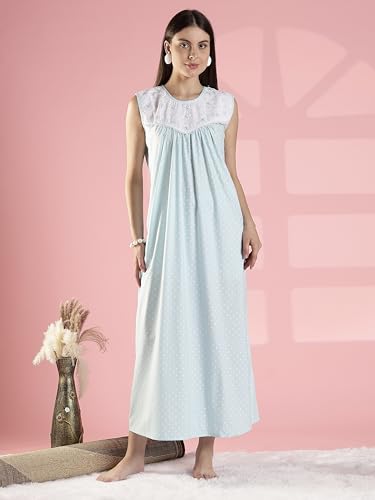 Image of 9shines Label Cotton Sleeveless Nighty | All Over Print Maxi Night wear for Women | Full Length Night Gown Night Dress for Women Stylish (Cotton Sleeveless 25)