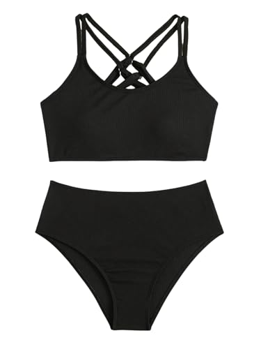 MakeMeChic Girl's Bikini Sets Criss Cross Spaghetti Strap Rib Knitted Bathing Suit