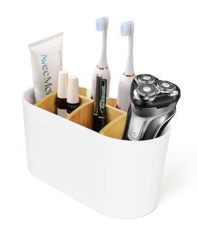 Porta Cepillo de Dientes de Bambú, Soporte para Cepillos de Dientes Antideslizante, Organizador Cepillos de Dientes de Pie, Soporte Cepillo Electrico con 6 Ranuras para Tarjetas（Blanco Mate）