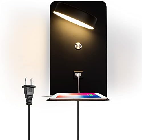 LED Plug in Wall Lamps with USB Charging Port for Bedside, 8W Black Sconces Lights with Shelf Switch Cord 3-Ways Brightness Mounted Fixtures Lighting for Living Room, Bedroom illumination for Reading