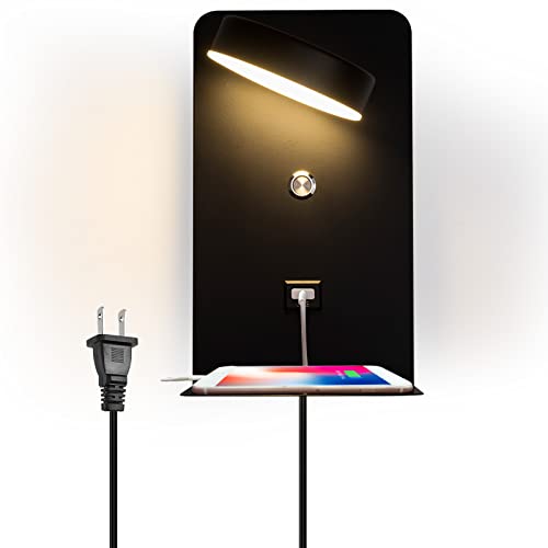 Image of LED Plug in Wall Lamps with USB Charging Port for Bedside, 8W Black Sconces Lights with Shelf Switch Cord 3-Ways Brightness Fixtures for Living Room, Bedroom Illumination for Reading