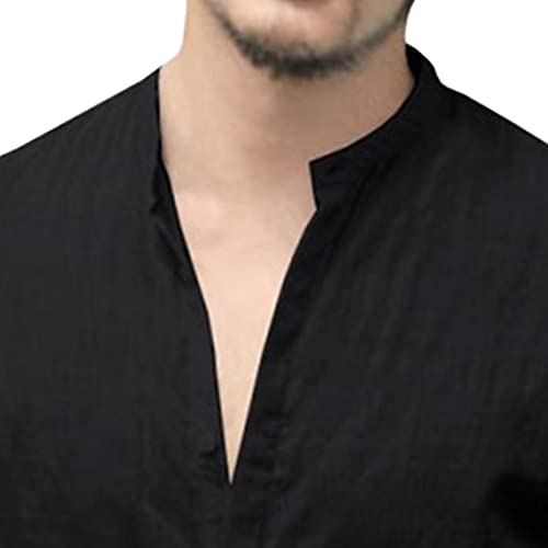 Men's Stand-Up Collar Cotton Linen Long-Sleeved Shirt V Neck Casual Beach Casual Button Shirt Summer Yoga Tops2