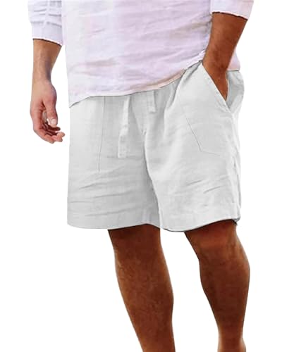 LVCBL Kurze Hosen Herren Leinen Sommershorts Elastische Taille Lässig Strand Shorts Weiß M