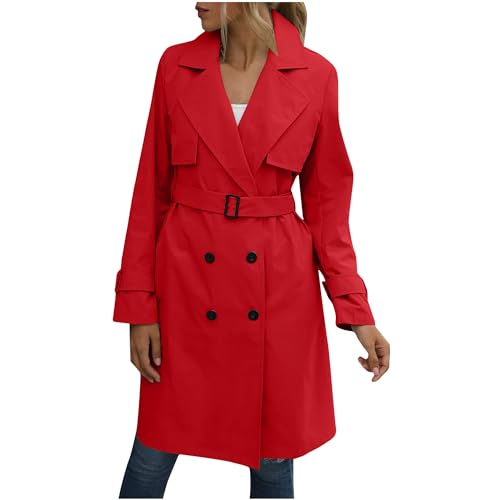 Mid Long Trench Coat for Women Double Breasted Classic Lapel Windproof Overcoat Fashion Outerwear with Belt3
