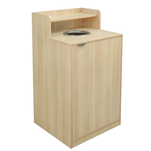 Image of Flash Furniture Dell Trash Can Enclosure with Tray Shelf and 8 inch Drop Hole, Commercial Grade Trash Receptacle for 32 Gallon Round Cans, Swing Door Access, Oak