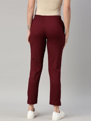 Image of MINELLI Women Solid Cigar Pants, Cotton Lycra Slub Fabric, Elasticated Waistband, Pull On Style, Regular Fit Bottom Wear for Western and Ethnic Wear