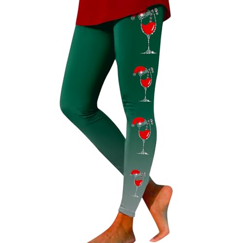Pantalones Mujer Navidad Invierno Leggings con Patrón Copa de Vino Gradiente para Deporte Yoga Polar Cálido y Suave Medias, Dark Verde, XL