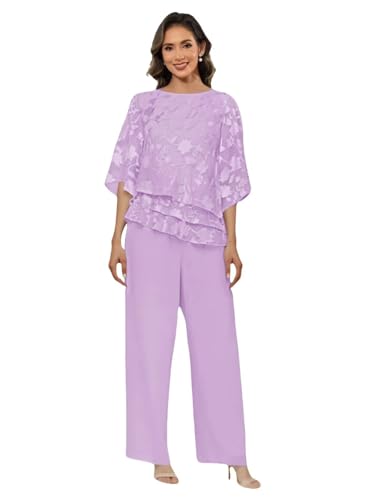 ZOOYYUE Damen Anzug Elegant 3 Teilig,Hosenanzug Damen Festlich Hochzeit Elegant Chiffon 2 Teiler Florale Brautmutter Hosenanzüge Rüschen Halb Ärmel Formelle Abend Hosen Set Lila 58