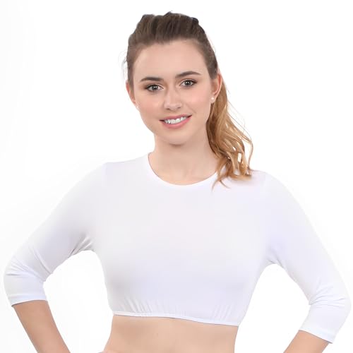 Image of Kosher Casual Women's Modest High Neck Cropped Layering Shell - Cotton Spandex 3-4 Sleeve Base Pullover Top