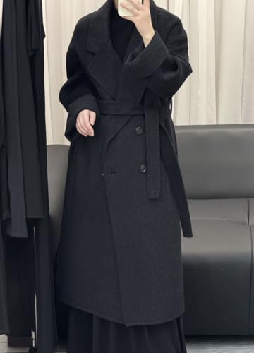 chouyatou Women's Winter Double Breasted Wool Coat Casual Loose Belted Notch Lapel Midi Long Woolen Coat2