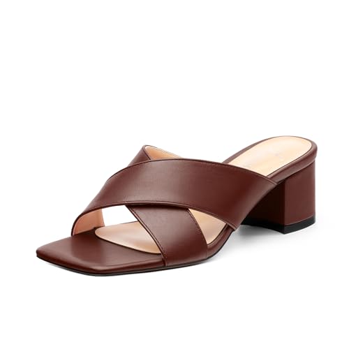 Womens Heeled Sandals Criss Cross Casual Slip On Chunky Square Open Toe Mule Heels Slide Sandals 2 Inch