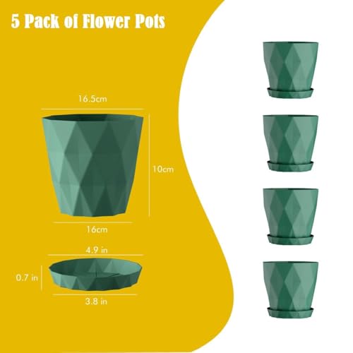 Image of OCRETA Set of 5 | 6.5 Inch Flower Pots for Home & Garden Decoration, Big Plastic Pots for Indoor & Outdoor Plants (Forest Green)