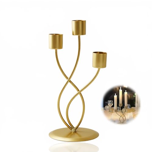 3 Arm Gold Candelabra Candle Holder Vintage Metal Candlestick Holders for Wedding Centerpiece Christmas Decor Fireplace Mantel Dining Table Home Decoration