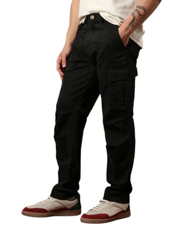 Image of Vogaan Men Solid Relaxed Fit Cotton Blend Cargo Trousers with Utility Pocket