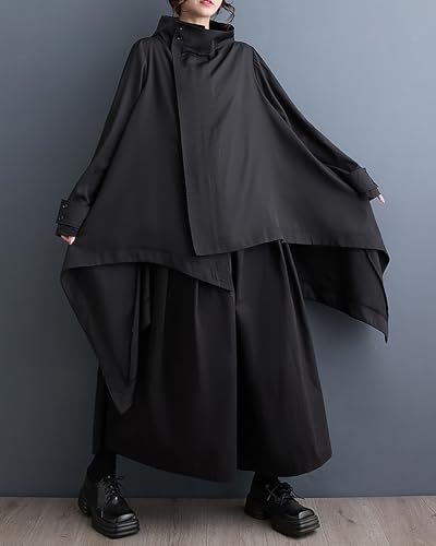 ellazhu Women's Coat Button Long Sleeve Flowy Hem Zipper Solid Black Oversize Loose Fall GZ255 A4