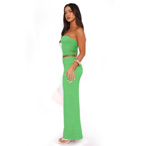 Image of Two Piece Dress Outfits for Women Sleeveless Tube Tops Bodycon Maxi Dress Summer Strapless Crop Top Sexy Suits Set