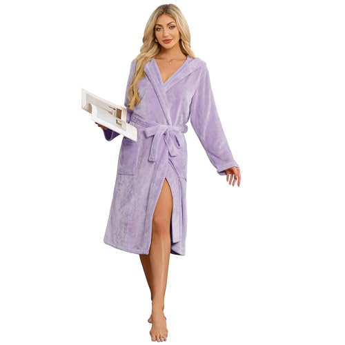 Image of HEARTNICE Womens Hooded Fleece Robe, Soft Bathrobe for Womens, Cute Long House Coat